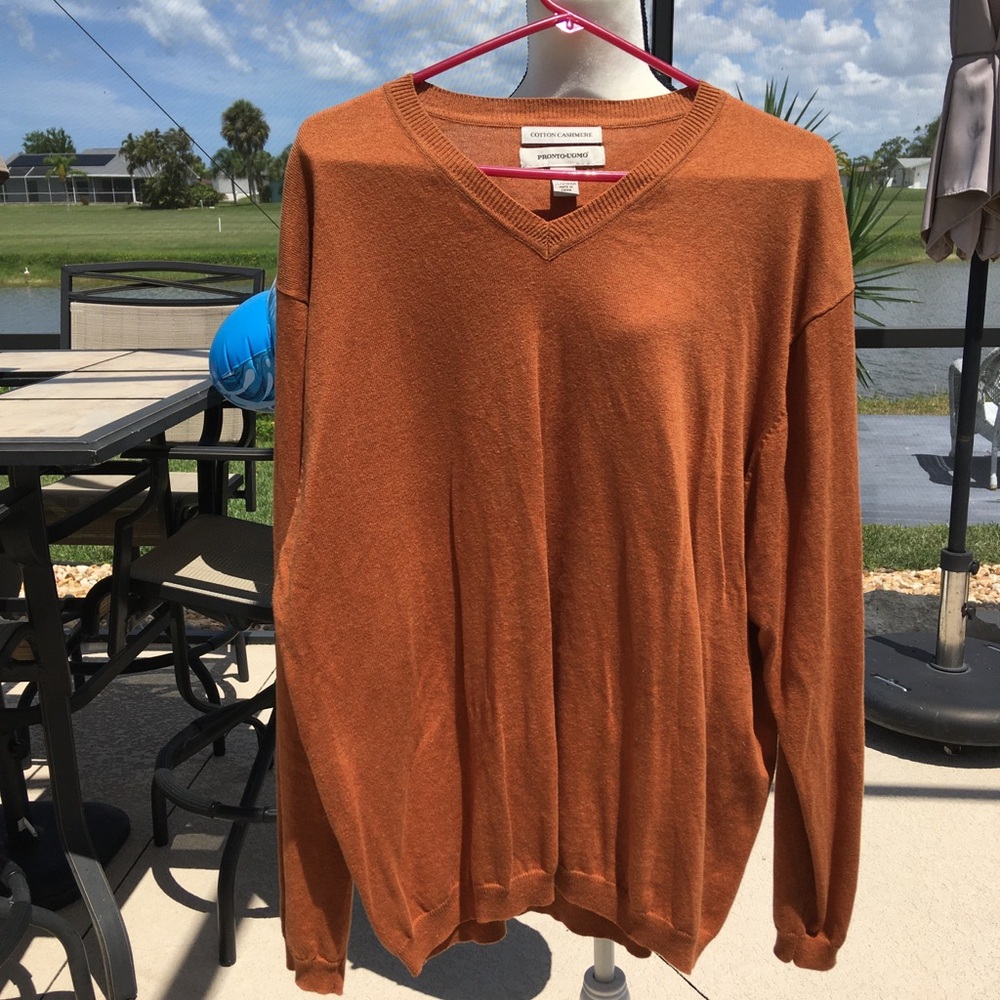 Pronto Uomo Men's V-Neck Sweater in Rust Orange Cotton Cashmere XL Preppy